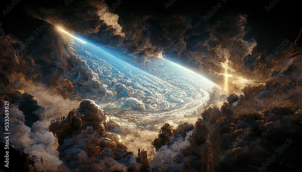 Poster the blue horizon of the planet can be seen through the thick dark clouds. 3d rendering