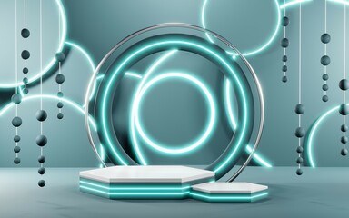 3D render of Podium background in blue tones for displaying cream products. cosmetics