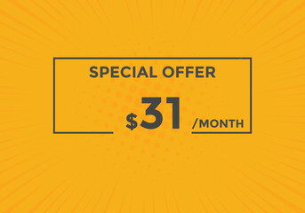 $31 USD Dollar Month sale promotion Banner. Special offer, 31 dollar month price tag, shop now button. Business or shopping promotion marketing concept
