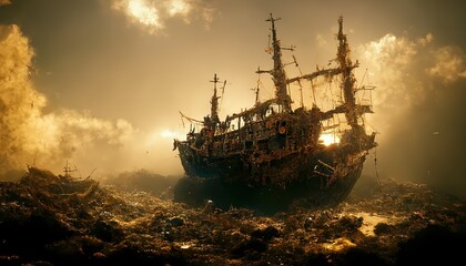 Old wrecked ships rest in the junkyard beneath the sky. 3d illustration - obrazy, fototapety, plakaty