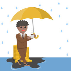 businessman african sitting protect the wealth from rain design character on white background 
