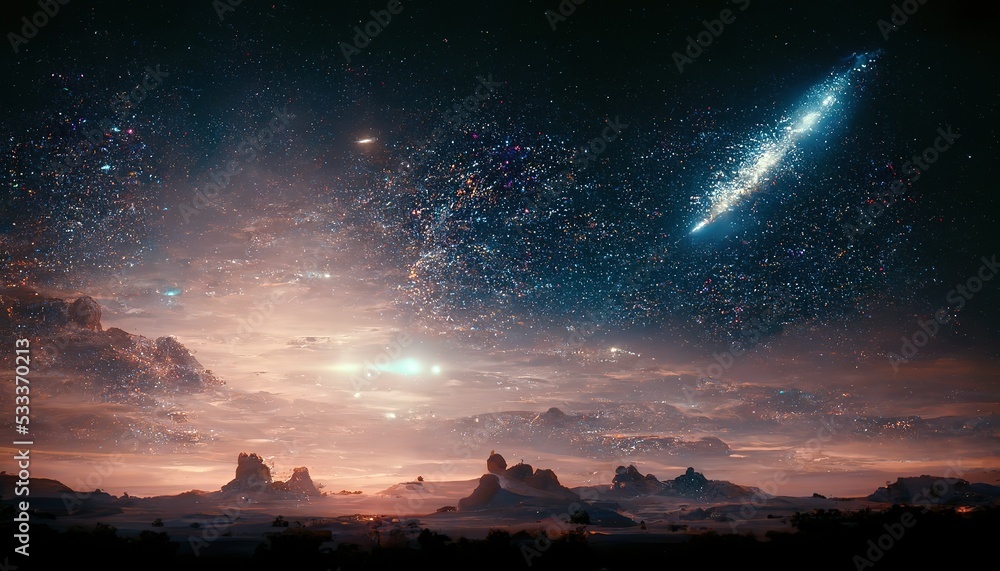 Poster Starlight and the Milky Way illuminated the vastness of the desert. 3D rendering