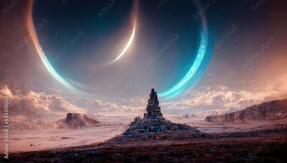 Poster Above the sandy canyon you can see three semicircles separating the sky and space. 3D rendering
