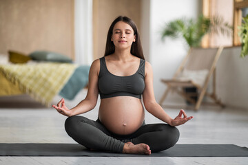 Portrait Of Young Pregnant Female Meditating On Yoga Mat At Home