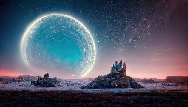 The planet and the starry sky above the desert of the earth. 3d illustration