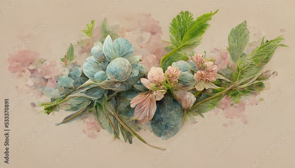 Poster flowers of different varieties and species are painted on the canvas in delicate pink. 3d rendering