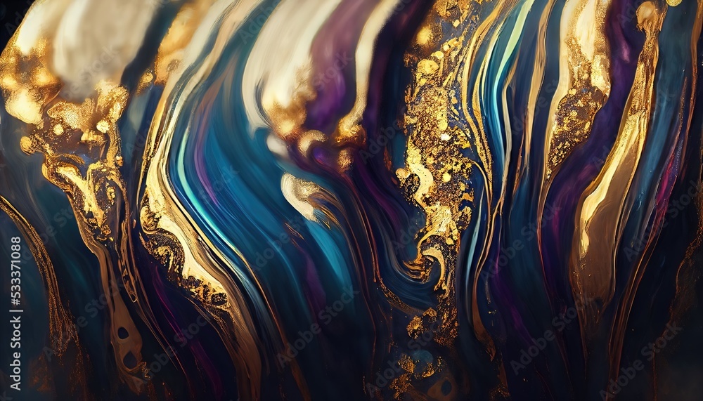 Poster paint colors of blue violet and gold on a black background.3d rendering