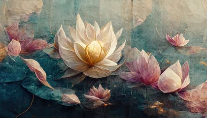Foto op Canvas The picture shows the open lotus flowers floating on the water. 3D rendering © Zaleman