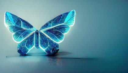 Graphically drawn blue butterfly is located in the left corner of the picture. 3d illustration