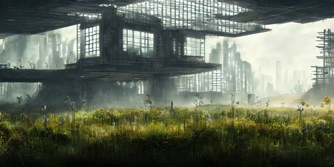 Architecture of the future, a ruined city overgrown with greenery. Concept art, idea for inspiration.