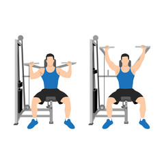 Fototapeta na wymiar Man doing a shoulder press exercise on a weight machine exercise. Flat vector illustration isolated on white background