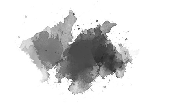 Ink brush stroke reveal with splatter and blot textures in a smooth slow-motion reveal, crafted for clean overlays and alpha matte compositing in motion graphics.