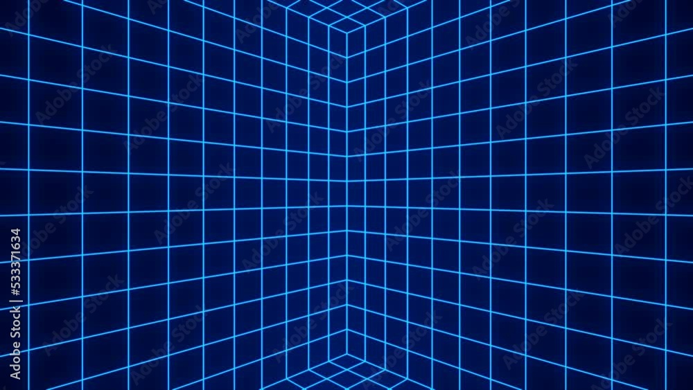Poster flying in digital grid . abstract motion background. cyberpunk concept. sci-fi seamless looping anim