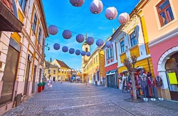 Decorative lanterns on Dumtsa Jeno Street, Szentendre, Hungary