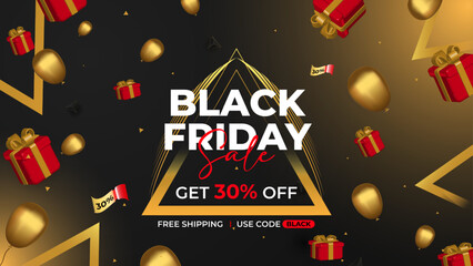 Black Friday Super Sale banner with red gift box,coins,coupon,shopping bag and product podium scene. Realistic black gifts boxes. realistic red gifts box with gold confetti. Horizontal holiday poster,