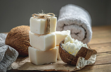 Pieces of handmade soap from organic coconut oil. Concept of using natural soap and eco friendly...