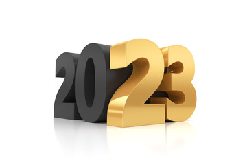 Black and gold numbers 2023 on white isolated background. 3d render illustration. Happy New Year.