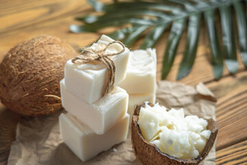 Pieces of handmade soap from organic coconut oil. Concept of using natural soap and eco friendly...