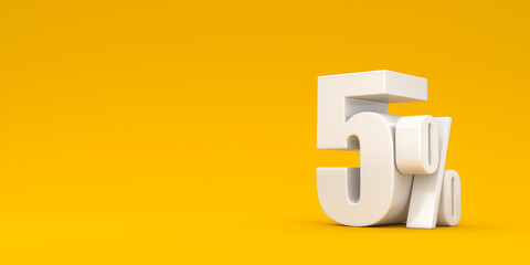 White five percent on a yellow background. 3d render illustration. Background for advertising.