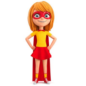Cartoon character girl in a super hero costume on a white background. 3d render illustration.