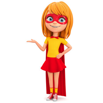 Cartoon character girl in a super hero costume on a white background points with her hand. 3d render illustration.