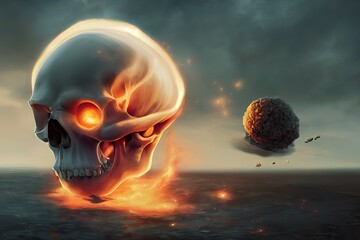Fototapeta A Skull of fire in the centre of an explosion in the ruins of an apocalyptic war. Halloween theme in the dark. 3D digital illustration and digital art.. obraz