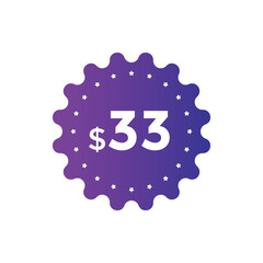 33 dollar price tag. Price $33 USD dollar only Sticker sale promotion Design. shop now button for Business or shopping promotion
