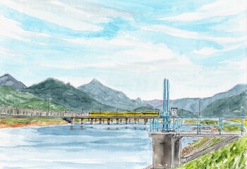 Fototapeta premium 佐波川河口に架かる鉄橋を渡る電車