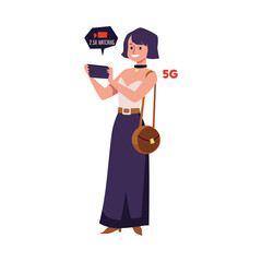 Fototapeta premium Stylish woman watching video on mobile phone using 5G technologies flat style