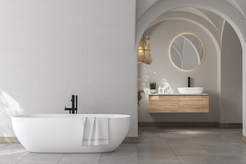 Modern mid century and minimalist bathroom interior, bathtub, white decor concept, modern wooden bathroom cabinet hanging on white wall, concrete floor. Cozy bathroom. 3d rendering