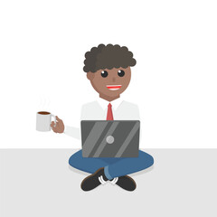 businessman african work by laptop with coffee design character on white background