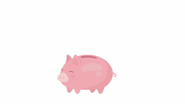 Animated piggy bank with coin object. Money box. Full sized flat element 4k video footage with alpha channel. Savings color cartoon style illustration for motion graphic design and animation