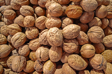 pile of walnuts with shell. close up view