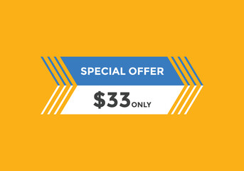 $33 USD Dollar Month sale promotion Banner. Special offer, 33 dollar month price tag, shop now button. Business or shopping promotion marketing concept

