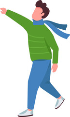 Man in coat gesturing semi flat color raster character. Training figure. Full body person on white. Autumn activity isolated modern cartoon style illustration for graphic design and animation