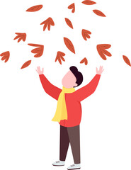 Boy throwing leaves semi flat color raster character. Playing with leaves figure. Full body person on white. Autumn activity isolated modern cartoon style illustration for graphic design and animation