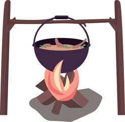 Campfire with boiling cauldron semi flat color raster object. Full realistic item on white. Cooking food on fire isolated modern cartoon style illustration for graphic design and animation