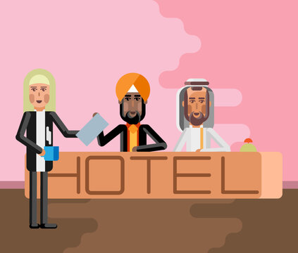 Indian And Arabic Receptionists At Hotel Reception Desk And Blonde Secretary With Coffee Cup. Corporate Multicultural Business People Vector Illustration.