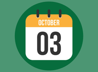 3 October green calendar vector. Calendar october with circle in background clear.