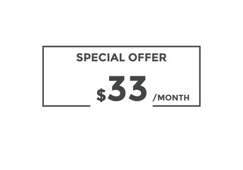 $33 USD Dollar Month sale promotion Banner. Special offer, 33 dollar month price tag, shop now button. Business or shopping promotion marketing concept

