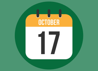 17 October green calendar vector. Calendar october with circle in background clear.