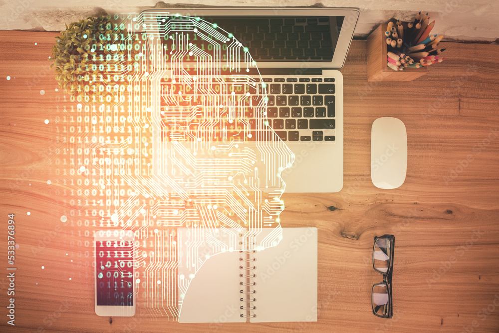 Poster multi exposure of brain sketch hologram over topview work table background with computer. concept of