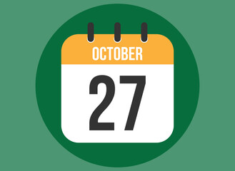 27 October green calendar vector. Calendar october with circle in background clear.