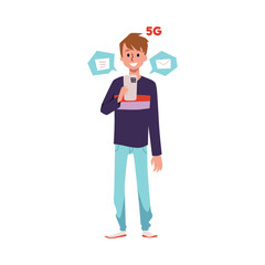 Man with smartphone using 5G telecommunications vector illustration isolated.