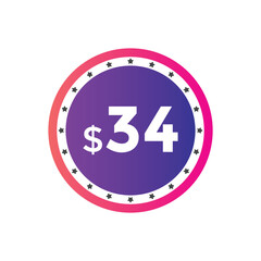 34 dollar price tag. Price $34 USD dollar only Sticker sale promotion Design. shop now button for Business or shopping promotion
