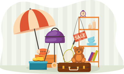 Sale of unnecessary things or belongings before moving. Goods for picnic and outdoor recreation, toys, dishes, books.. Garage sale, second hand shop, flea market concept