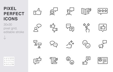 Fototapeta Feedback line icon set. Customer service, user experience, like thumbs up, star rating, dialog minimal vector illustration. Simple outline sign for review app ui. 30x30 Pixel Perfect, Editable Stroke obraz