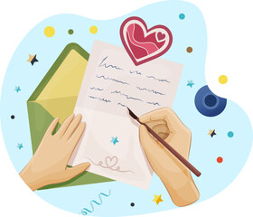 Hand writing letter with fountain pen and and Inkwell. View from above of female hands writing love letter on paper. People sending letters through postal service, postcrossing