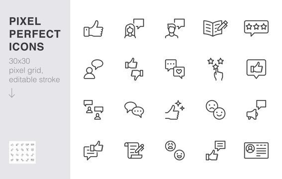 Feedback line icon set. Customer service, user experience, like thumbs up, star rating, dialog minimal vector illustration. Simple outline sign for review app ui. 30x30 Pixel Perfect, Editable Stroke