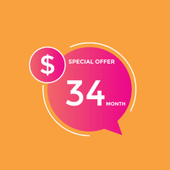 $34 USD Dollar Month sale promotion Banner. Special offer, 34 dollar month price tag, shop now button. Business or shopping promotion marketing concept
